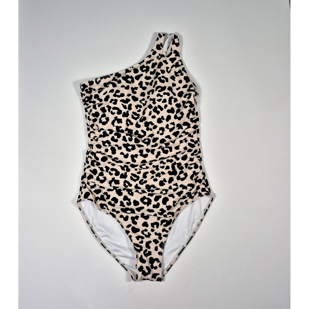 Holipick Leopard Print One Shoulder Tummy Control One Piece Swimsuit Tan Black